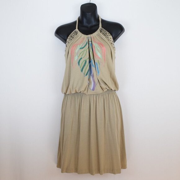 Escada Dresses & Skirts - Escada Sport‎ Tan Embroidered Halter Mini Dress 4 Jersey Knit Studded